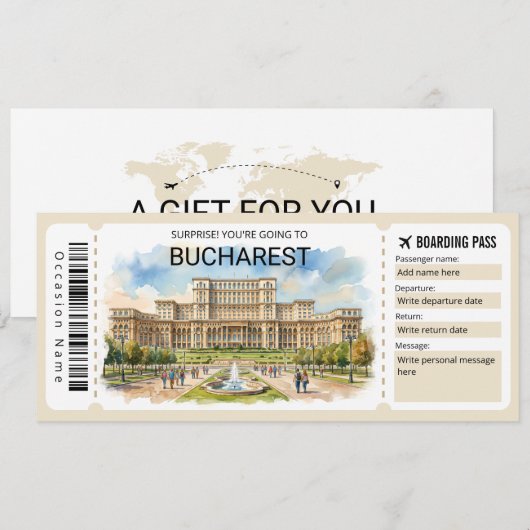 Editable Bucharest Plane Boarding Pass Ticket 招待状 (正面/裏面)