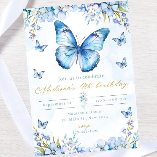 Editable butterfly birthday invitation-blue butter 招待状