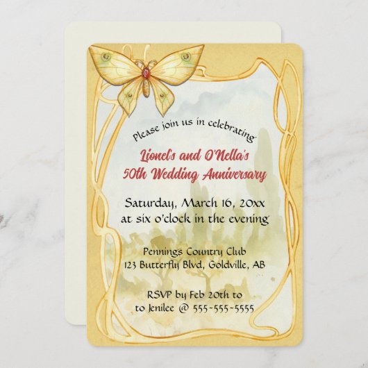 Editable Butterflyl and Gold Frame 招待状 (正面/裏面)