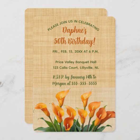 Editable Calla Lilies on Beige Linen 招待状 (正面/裏面)