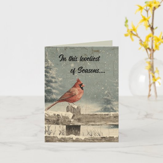 Editable Cardinal on a Fence in Winter Christmas カード (黄色い花)