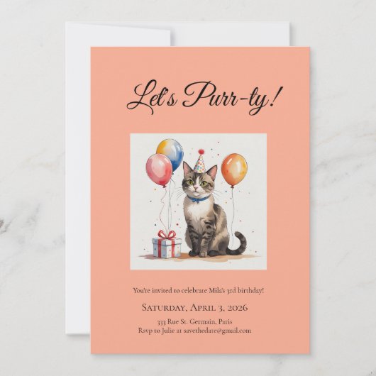 Editable Cat Birthday Purr-ty Watercolour Designs 招待状 (正面)