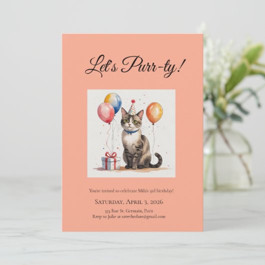 Editable Cat Birthday Purr-ty Watercolour Designs 招待状 (スタンド正面)