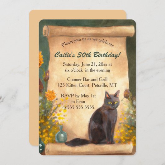 Editable Cat Scroll and Flowers 招待状 (正面/裏面)