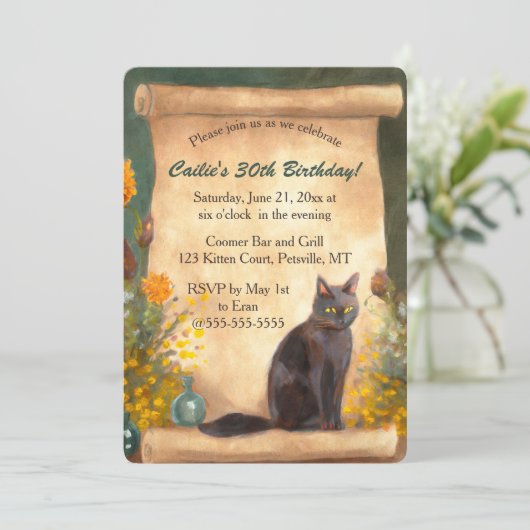 Editable Cat Scroll and Flowers 招待状 (スタンド正面)
