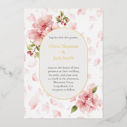 Editable Cherry Blossom Foil Wedding Invitation  箔招待状 (正面)