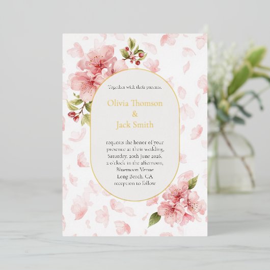 Editable Cherry Blossom Foil Wedding Invitation  箔招待状 (立ち正面)