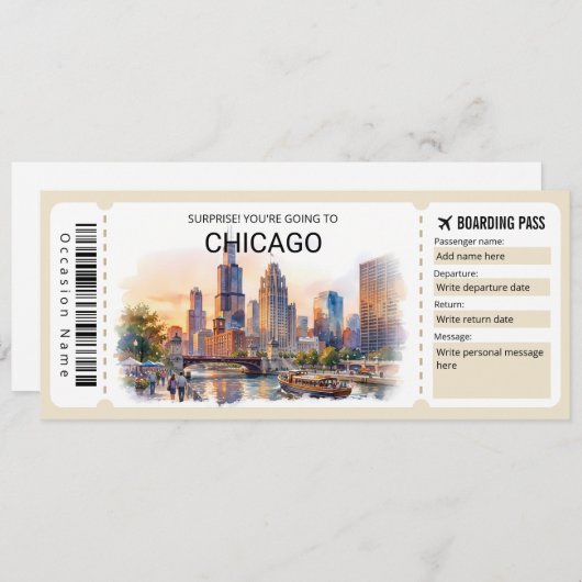 Editable Chicago Trip Boarding Pass Ticket 招待状 (正面/裏面)