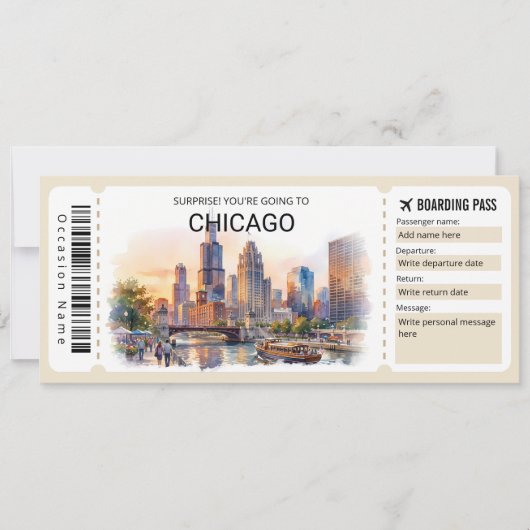 Editable Chicago Trip Boarding Pass Ticket 招待状 (正面)