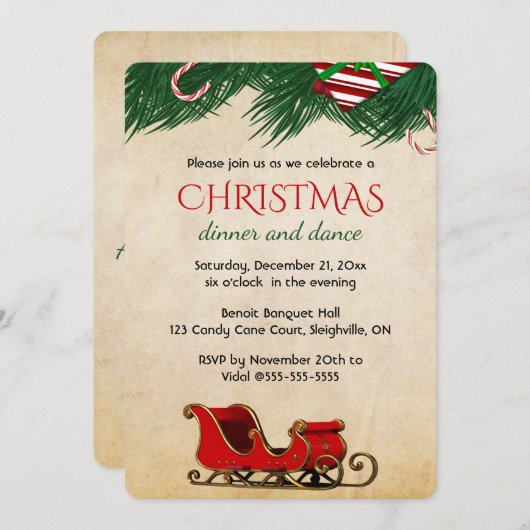 Editable Christmas Candy Cane Bough and Sleigh 招待状 (正面/裏面)