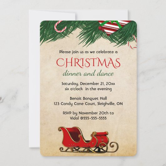 Editable Christmas Candy Cane Bough and Sleigh 招待状 (正面)