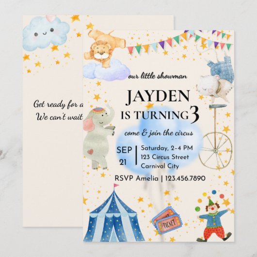 Editable Circus Birthday Invitation for Boys&Girls 招待状 (正面/裏面)