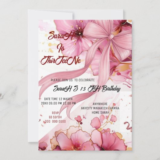 Editable Coquette Pink Bow Birthday Invitation, Pi 招待状 (正面)
