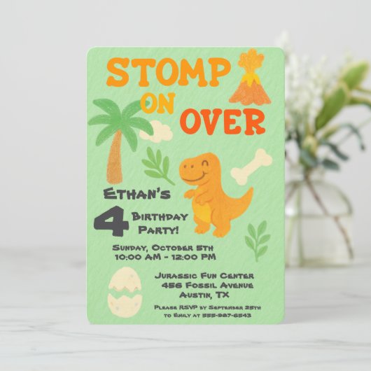 Editable Crayon Style – Dinosaur Roarsome Birthday 招待状 (スタンド正面)