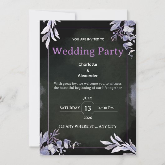 Editable Dark Botanical Wedding Invitation 招待状 (正面)