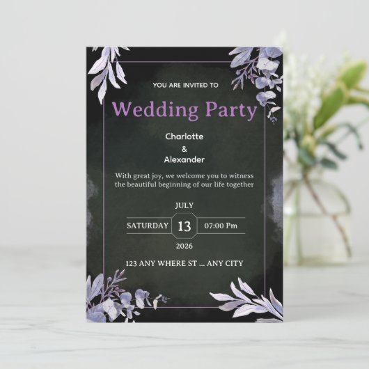 Editable Dark Botanical Wedding Invitation 招待状 (スタンド正面)