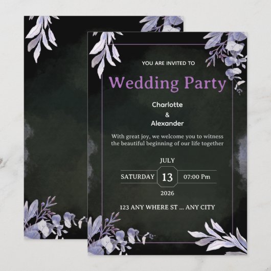 Editable Dark Botanical Wedding Invitation 招待状 (正面/裏面)