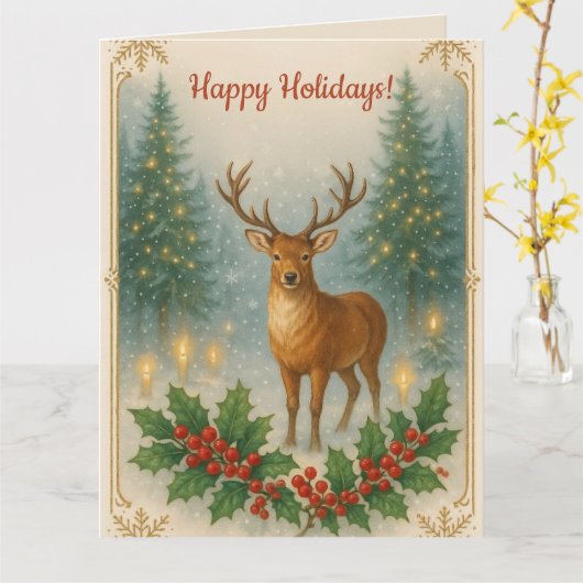 Editable Deer and Holly Happy Holidays カード (黄色い花)
