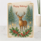 Editable Deer and Holly Happy Holidays カード (正面)