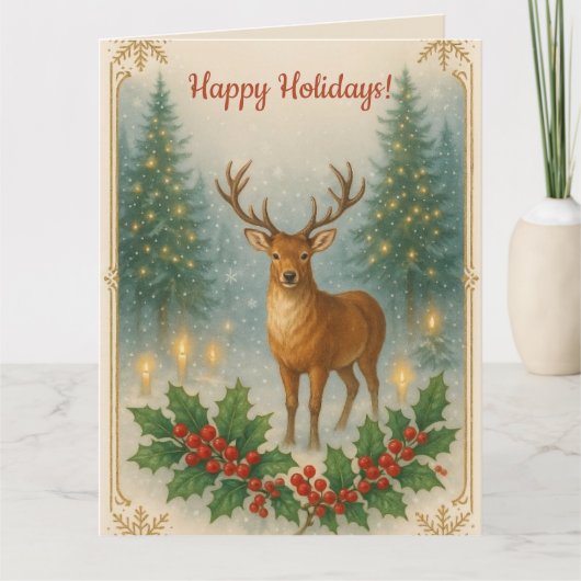 Editable Deer and Holly Happy Holidays カード (正面)