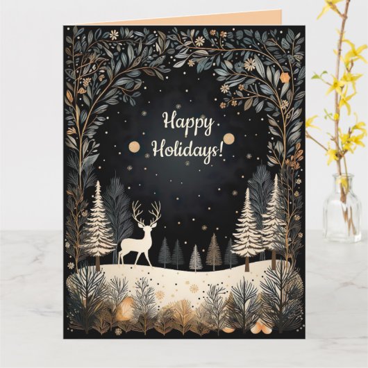 Editable Deer in the Woods Happy Holidays カード (黄色い花)