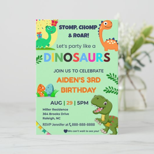 Editable Dino Birthday Invitation | Roar Party The 招待状 (スタンド正面)
