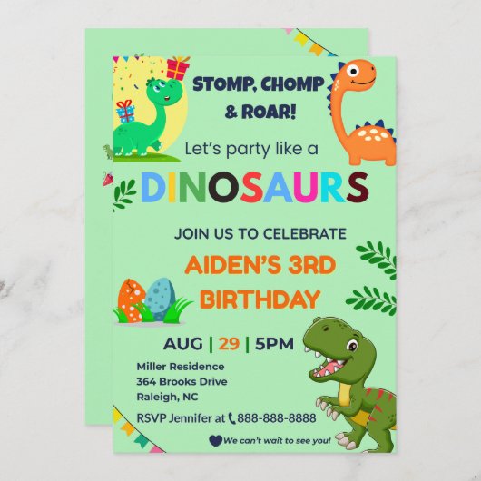 Editable Dino Birthday Invitation | Roar Party The 招待状 (正面/裏面)