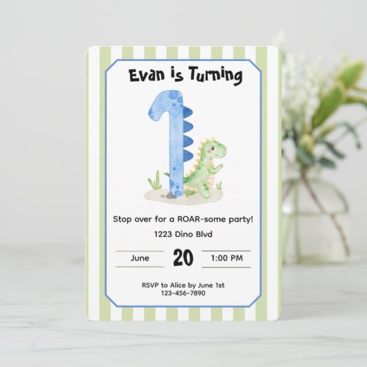Editable Dinosaur 1st Birthday Invitation  招待状 (スタンド正面)