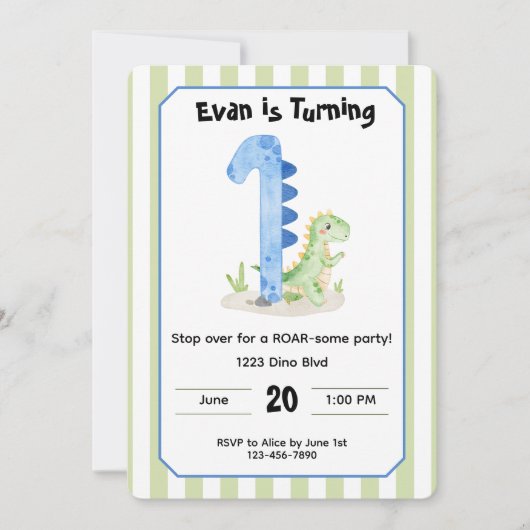 Editable Dinosaur 1st Birthday Invitation  招待状 (正面)