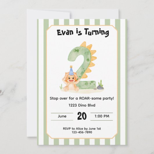 Editable Dinosaur 2nd Birthday Invitation  招待状 (正面)