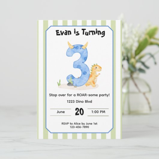 Editable Dinosaur 3rd Birthday Invitation  招待状 (スタンド正面)