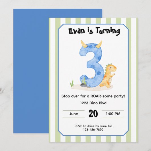 Editable Dinosaur 3rd Birthday Invitation  招待状 (正面/裏面)