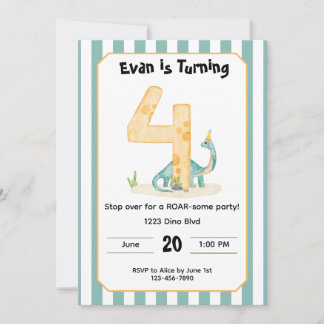 Editable Dinosaur 4th Birthday Invitation  招待状