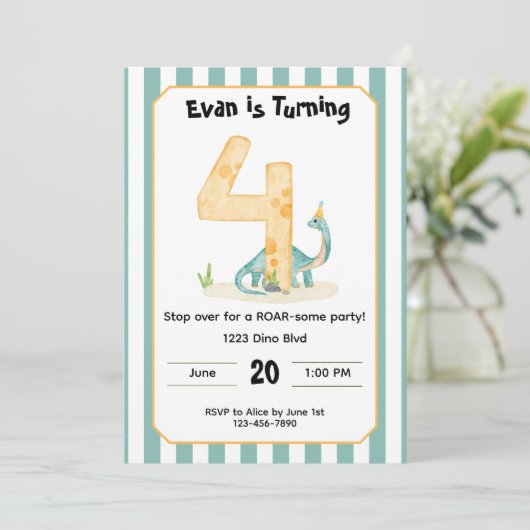 Editable Dinosaur 4th Birthday Invitation  招待状 (スタンド正面)