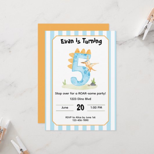 Editable Dinosaur 5th Birthday Invitation  招待状 (正面/裏面インサイチュ)