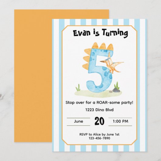 Editable Dinosaur 5th Birthday Invitation  招待状 (正面/裏面)