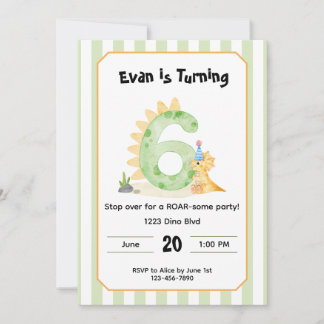 Editable Dinosaur 6th Birthday Invitation  招待状