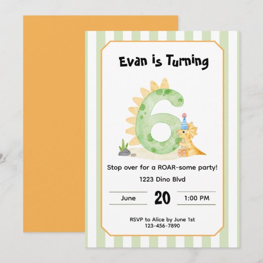 Editable Dinosaur 6th Birthday Invitation  招待状 (正面/裏面)
