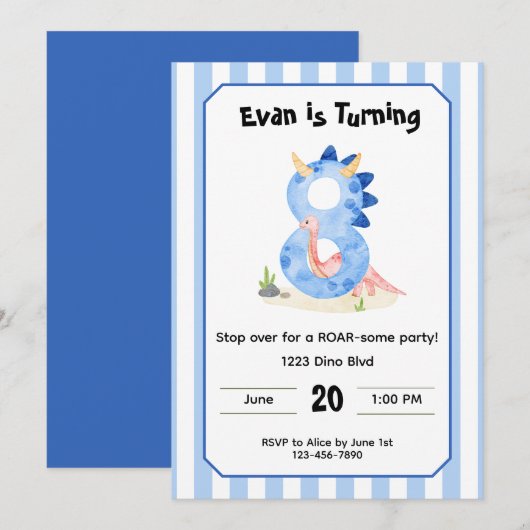 Editable Dinosaur 8th Birthday Invitation  招待状 (正面/裏面)