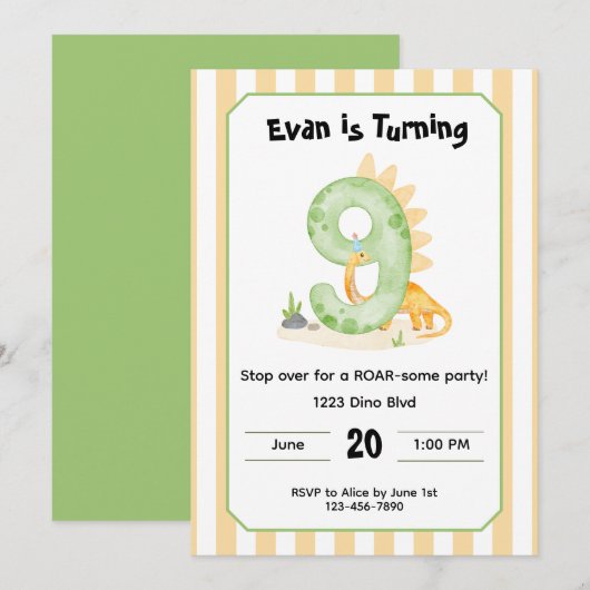 Editable Dinosaur 9th Birthday Invitation  招待状 (正面/裏面)