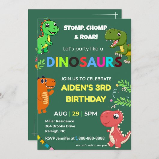 Editable Dinosaur Birthday Invitation 招待状 (正面/裏面)
