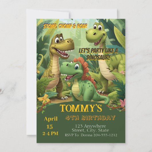 Editable Dinosaur Birthday Invitation Template 招待状 (正面)