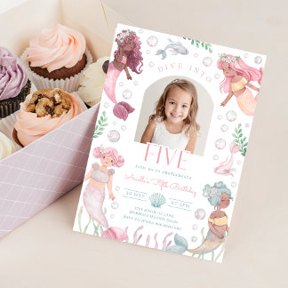Editable Dive Into Five Mermaid Invitation 招待状