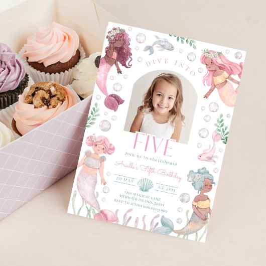 Editable Dive Into Five Mermaid Invitation 招待状