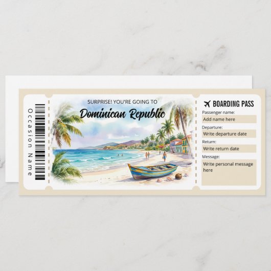 Editable Dominican Republic Trip Boarding Pass 招待状 (正面/裏面)