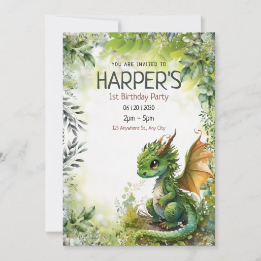 Editable Dragon 1st誕生日パーティの招待状 (正面)