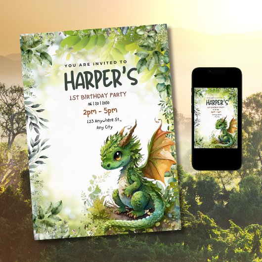 Editable Dragon 1st誕生日パーティの招待状 招待状