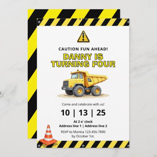 Editable Dump Truck Construction Party Invites 招待状 (正面/裏面)