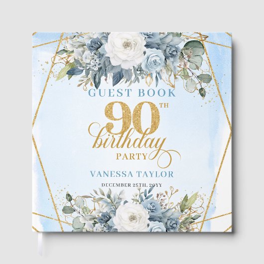 Editable Dusty Blue Floral Frame 90th Birthday   ゲストブック (正面)