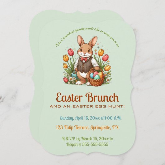 Editable Easter Brunch Egg Hunt Bunny and Tulips 招待状 (正面/裏面)
